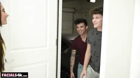 The young masseurs give this brunette a double dose of cock and cumshots