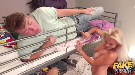 A naked mature woman enters our hostel room to fuck us