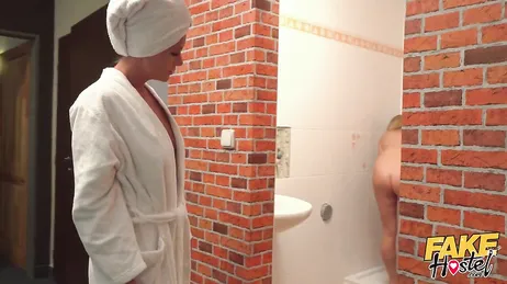 A naked mature woman enters our hostel room to fuck us