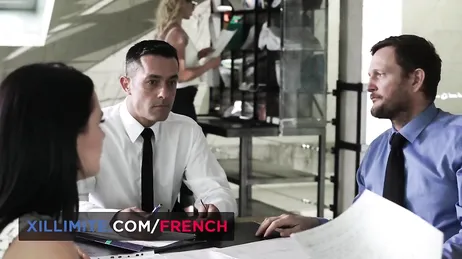 Hot sexy secretary ends up enjoying the bosses' cocks