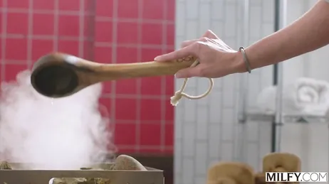 Mom goes into the sauna with a young man... does she want to have sex with him?